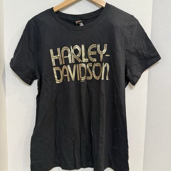 Harley Davidson Women’s‎ T-shirt XL Black Gold Crew Neck Fitted NWT - Picture 1 of 8